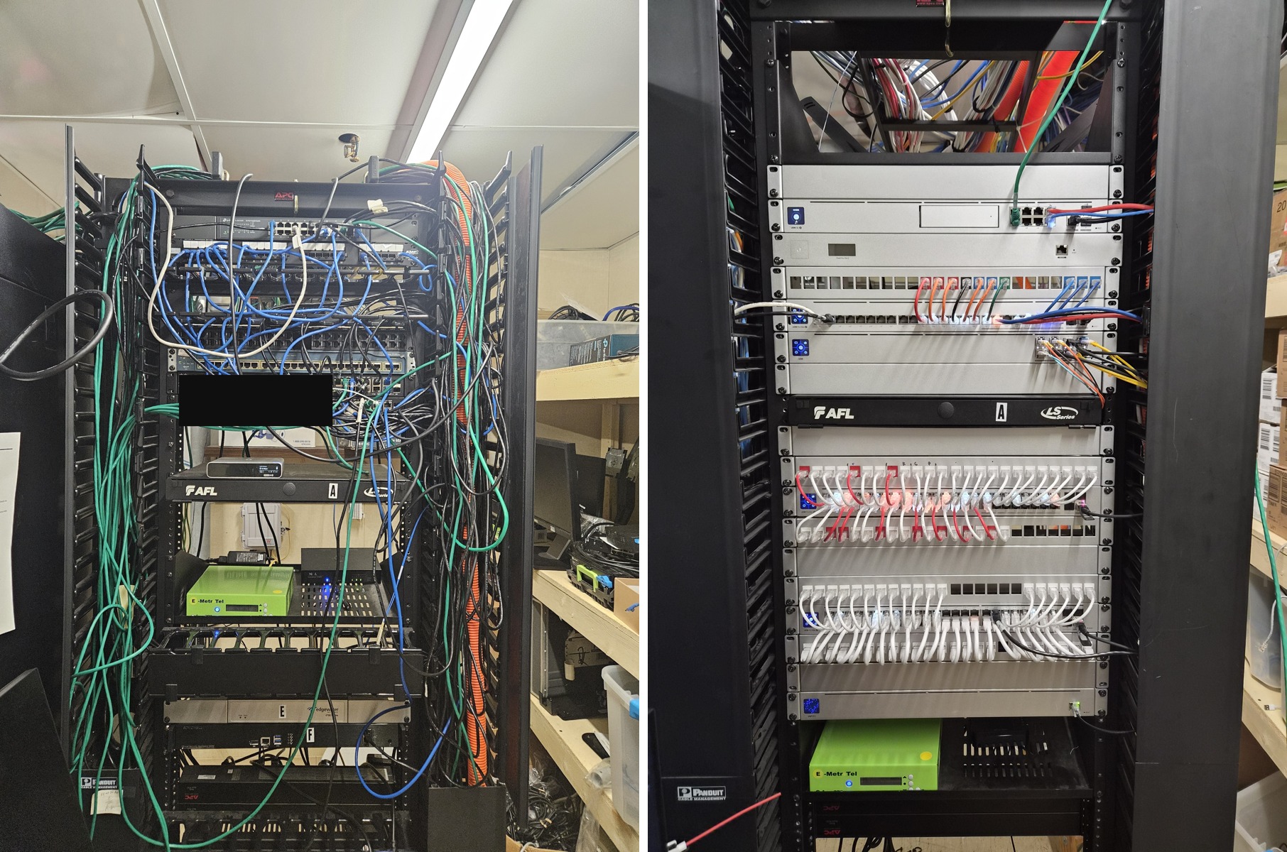 White's Lumber MDF rack before and after Northern Computers cabling work